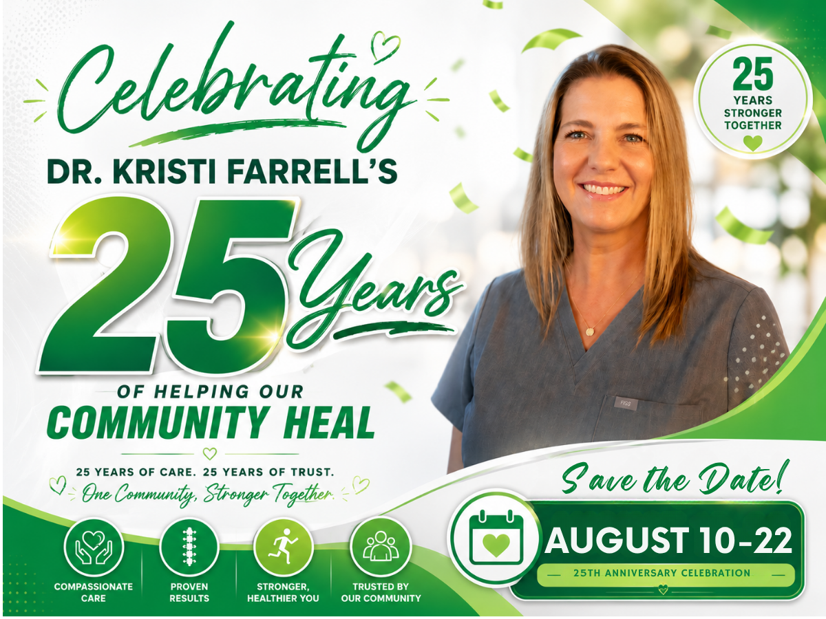Dr. Kristi Farrell, DC — 25th anniversary celebration, August 10–22, 2026